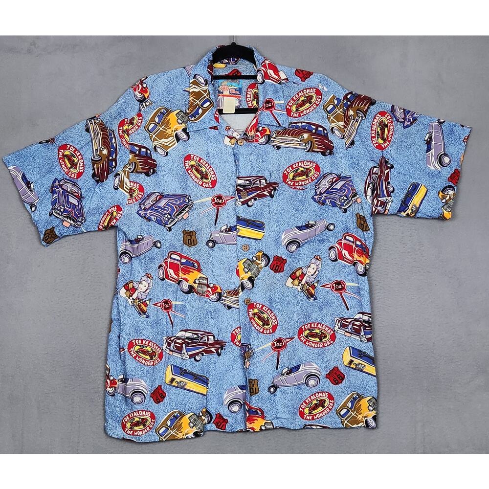 REYN SPOONER Hawaiian Shirt Mens Large Blue Classic Cars The Wonder Gas Route 66